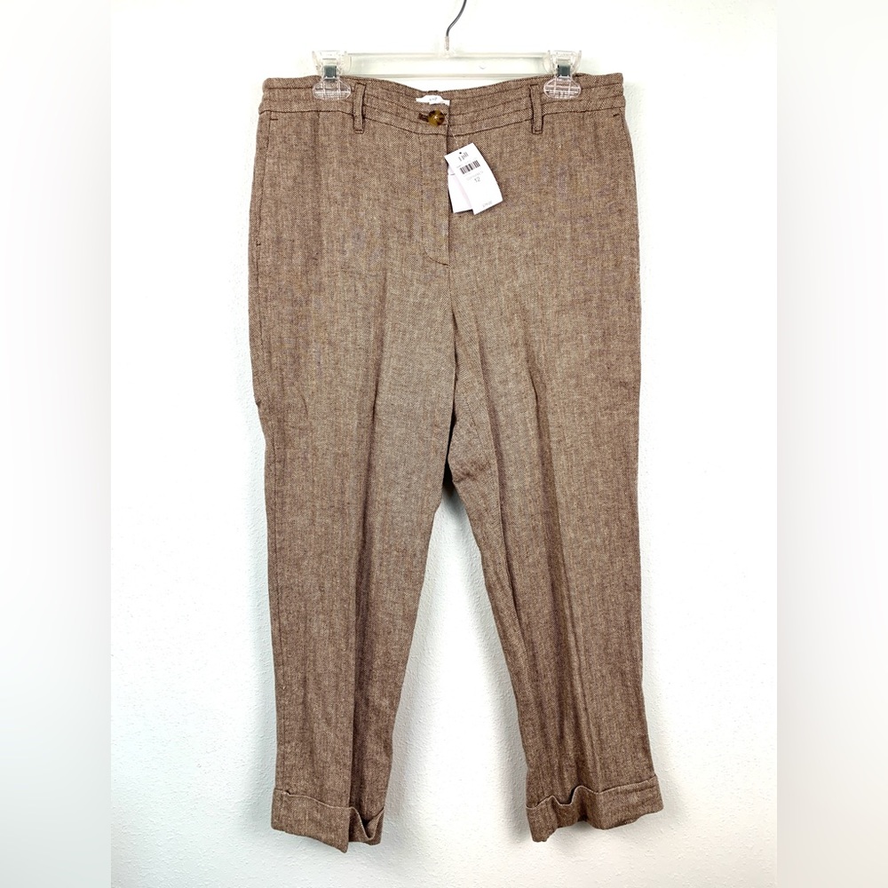 NWT J. Jill Linen Blend “Coffee” Brown Herringbone Tapered Ankle Pants, Size 12